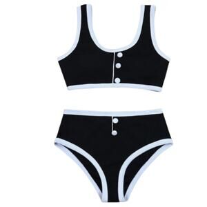 Black White Contrast Trim Ribbed High-Waisted Bikini Set Commense Size L